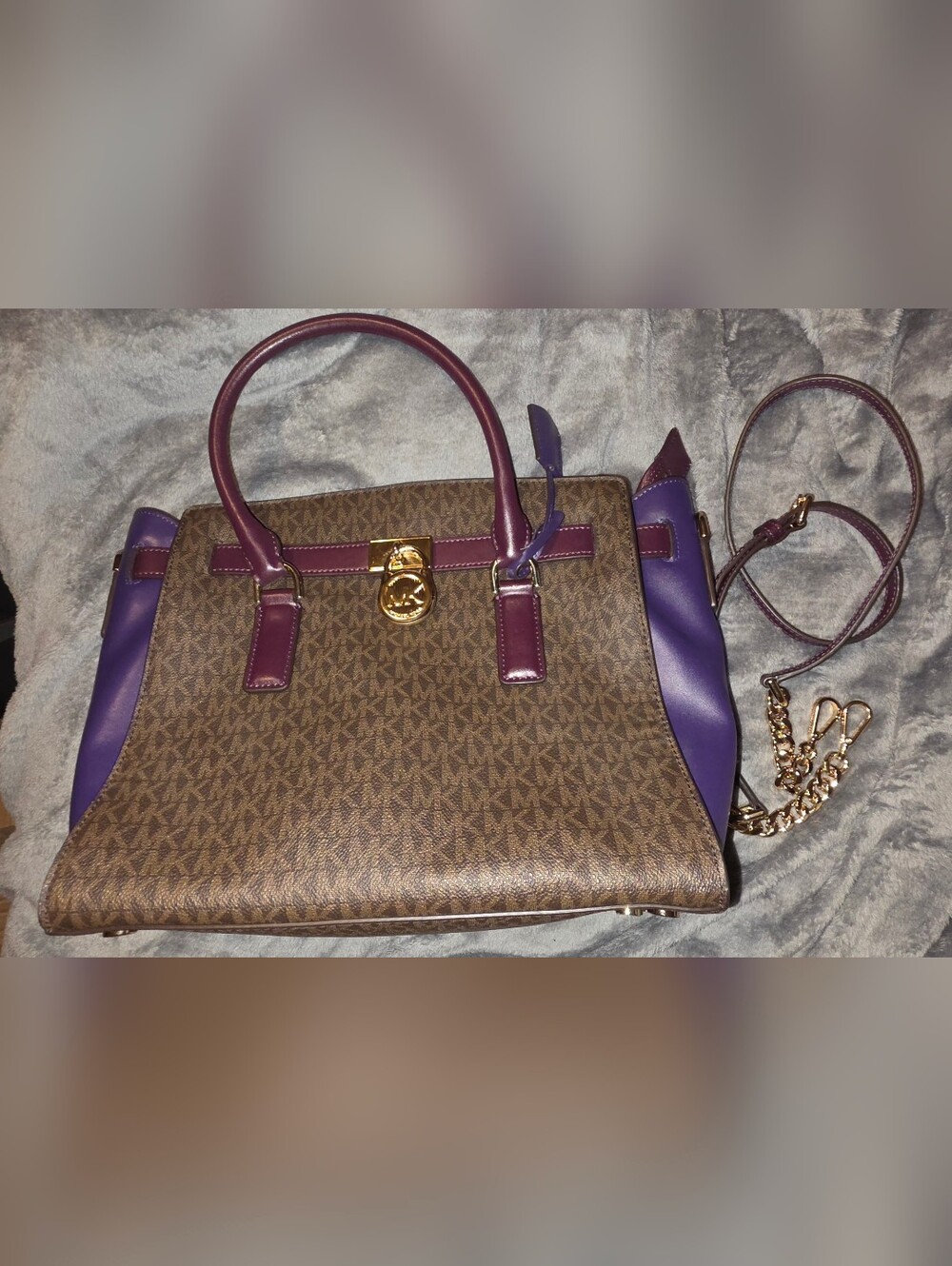 NWOT MICHAEL Michael Kors Large Hamilton Leather Satchel  Brown/Damson/Iris